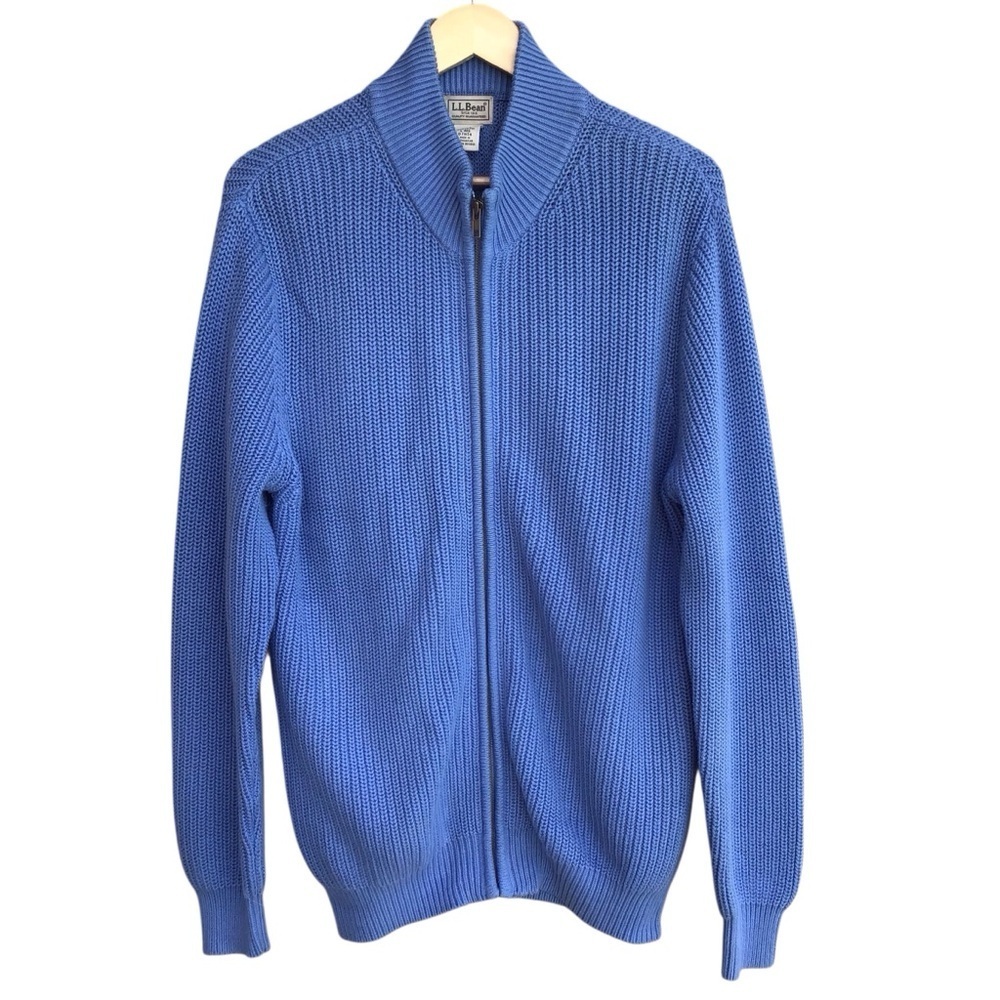 LL Bean Men's Full Zip Cotton Blue Sweater Heavy Men’s Size Large Regular